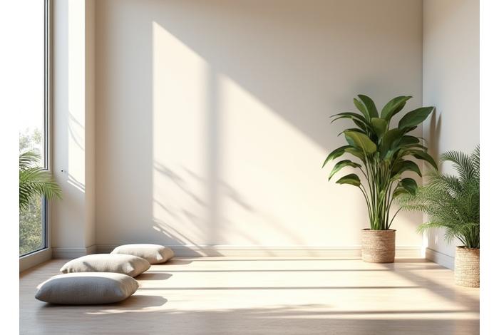 Intérieur zen du studio Lumière & Sens à Bordeaux avec tapis de méditation et plantes